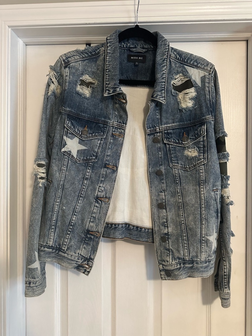 Miss Me Washed Blue Distressed Star Camo Denim Jacket